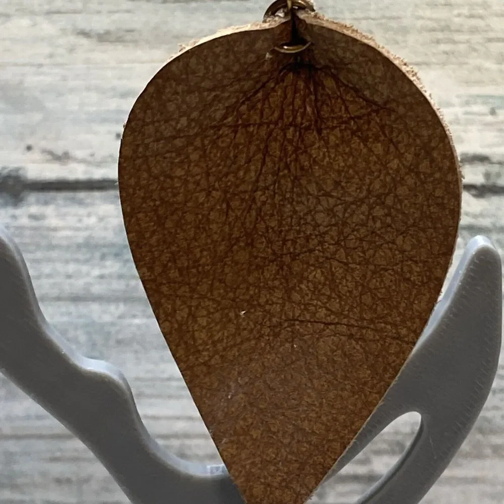 Tan Leather Leaf‎ Pinched EARRINGS Large dangle